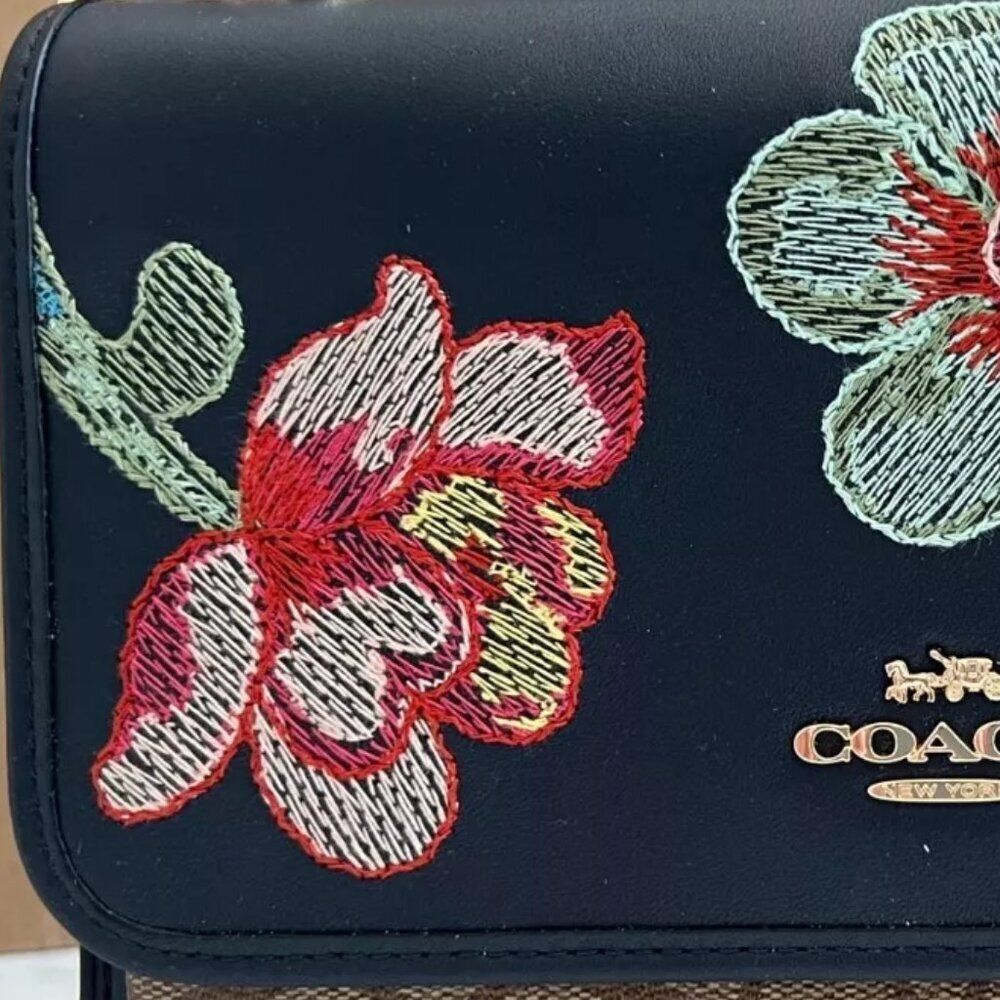COACH Embroidered Navy Leather Dreamy Floral Klare Gold Accents & Strap NWT - Picture 8 of 12
